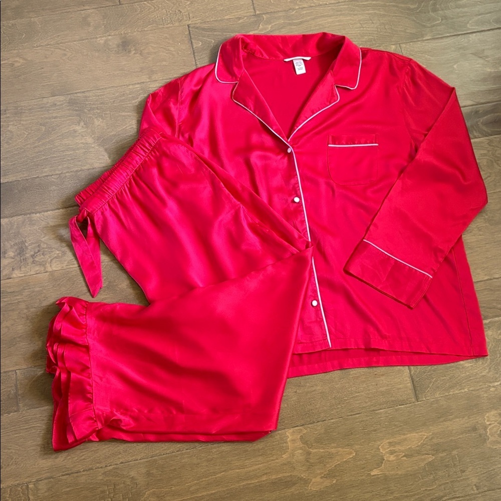 Victoria’s Secret Satin Pajama Set Red Ruffle Pants Long Sleeves Size XL